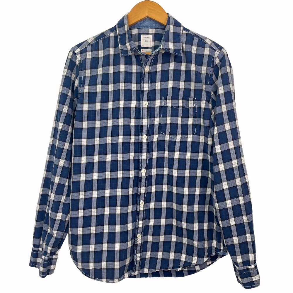 Gap Men Lightweight Twill Casual Button-Down Plaid Shirt Navy Blue White Medium